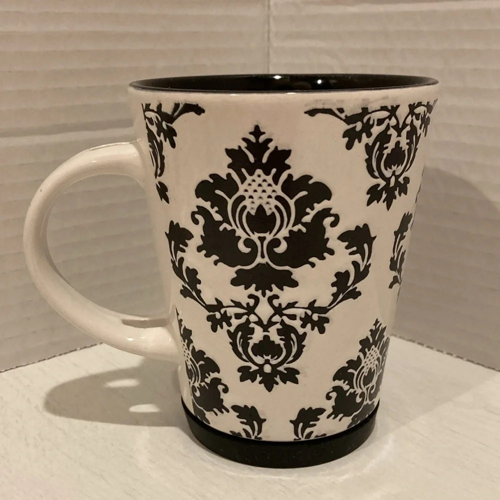 Pier 1 White and Black Damask Design Handpainted Stoneware Mug Cup